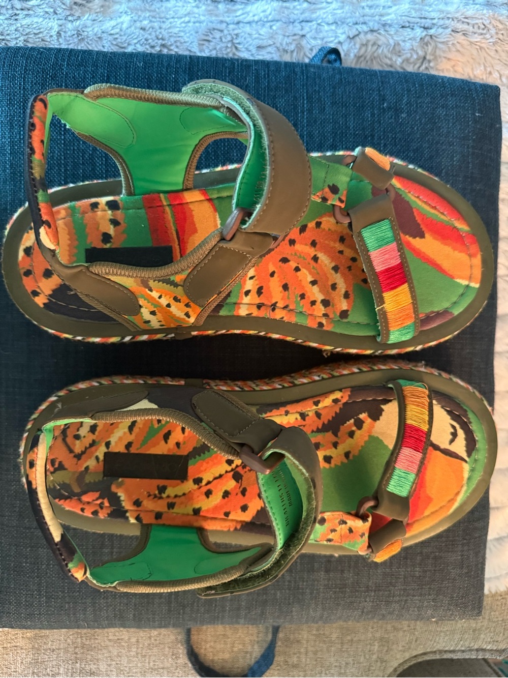FARM Rio Multicolor Patterned Strap Sandals - Green/Orange